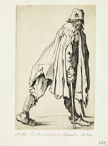Les Gueux ou Mendiants : Le Mendiant aux béquilles, coiffé d'un bonnet, image 1/1