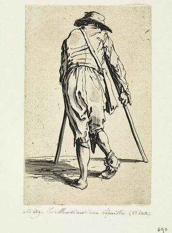 Les Gueux ou Mendiants : Le Mendiant aux béquilles, coiffé d'un chapeau, vu de dos, image 1/1