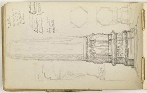 Etude pour le Monument au travail : élévation, section et profils d'une colonne hexagonale, ornée de figures à la base