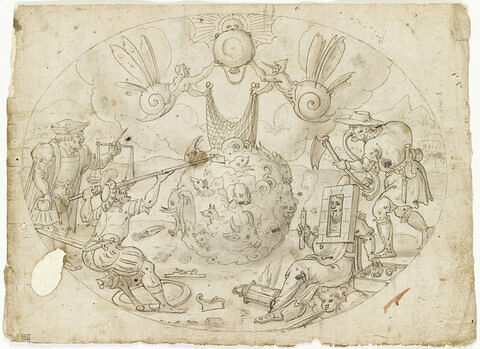 Quatre figures allégoriques grotesques autour d'une sphère mêlant tous les animaux