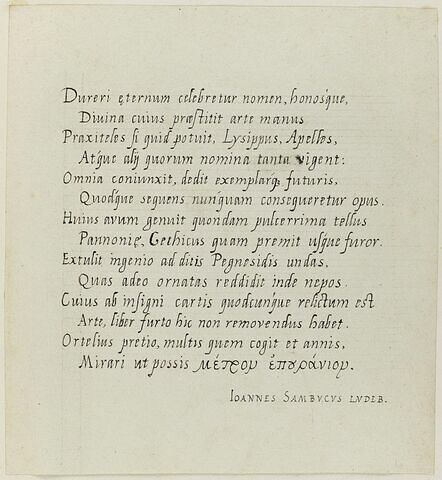 Note manuscrite: poème dédié à Albert Dürer, image 1/1
