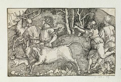 Trois hommes pourchassant un cerf, un lièvre et un taureau, image 1/1