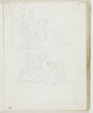Deux figures d'hommes vêtus à l'antique jouant avec des chiens ; deux figures féminines drapées à l'antique auprès du corps d'un homme blessé ou mort, image 1/1