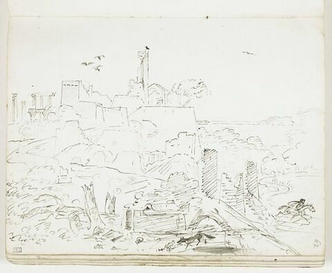 Vue d'une ville sur une hauteur avec ruines antiques et médiévales, corbeaux, nécropole, ossements, loup et personnage fuyant à cheval
