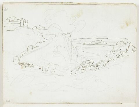 Scène de convoi dans un paysage de collines ; esquisse d'une tête de buffle, de profil vers la droite, image 1/1