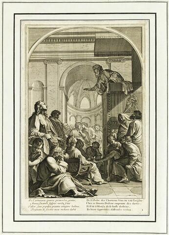 La vie de Saint Bruno, fondateur de l'ordre des Chartreux  : Saint Bruno assiste à un sermon de Raymond Diocrès (planche numérotée 1)