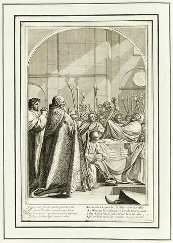 La vie de Saint Bruno, fondateur de l'ordre des Chartreux : Raymond Diocrès parlant pendant ses funérailles (planche numérotée 3)