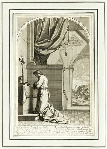La vie de Saint Bruno, fondateur de l'ordre des Chartreux : Saint Bruno agenouillé et priant devant un crucifix tandis qu'à l'arrière-plan deux hommes enterrent Raymond Diocrès (planche numérotée 4)