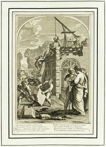 La vie de Saint Bruno, fondateur de l'ordre des Chartreux : La construction de la Grande Chartreuse avec saint Bruno tenant les plans de l'édifice (planche numérotée 11)