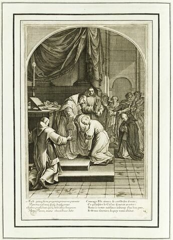 La vie de Saint Bruno, fondateur de l'ordre des Chartreux : Saint Bruno donne l'habit à plusieurs novices (planche numérotée 14)