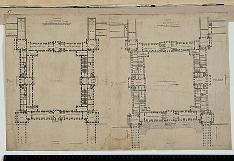 Projet pour le Louvre. Plan du rez-de-chaussée et du premier étage des bâtiments de la Cour carrée vers 1661, image 1/2