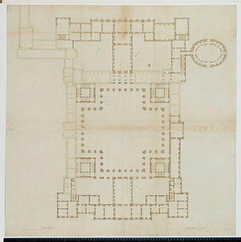 Projet pour le Louvre. Plan du rez-de-chaussée pour les bâtiments de la Cour Carrée et des bâtiments attenant à l'aile ouest (dernier projet) vers 1665, image 1/1
