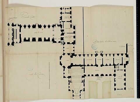 Plan du rez-de-chaussée des appartements de la Reine mère et des bâtiments de la petite Galerie du Louvre avec une 