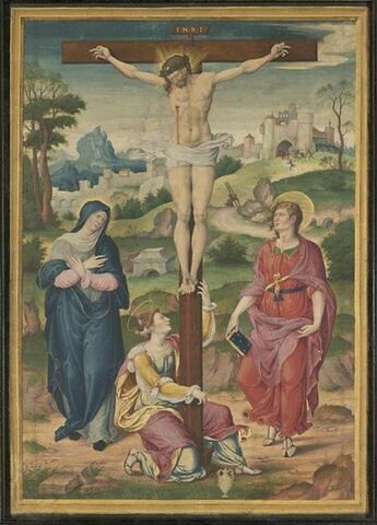 Le Christ crucifié, entre la Vierge et saint Jean Evangéliste, avec, au pied de la Croix, sainte Marie-Madeleine agenouillée