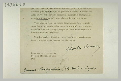 Circulaire de la maison Larousse signée Charles Saunier (?) et adressée de façon manuscrite à 'Monsieur Louios Anquetin, 62 rue des Vignes'