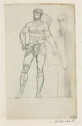 Gladiateur, debout, de face, tenant un bouclier devant un casque avec visière et aigrette posé sur un tronc d'arbre, image 1/2