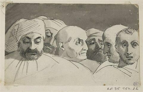 Six têtes d'hommes groupées en frise, copie d'après des personnages de La Résurrection du fils de Théophile, image 1/4