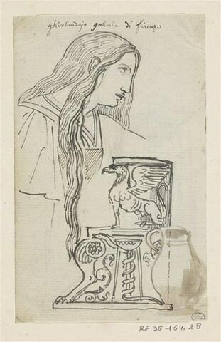 Femme en buste, aux longs cheveux, de profil à droite ; siège antique et une cruche