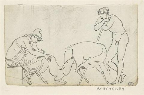 Jeune bergère tenant un faon qui tète une biche sous le regard contemplatif d'un pasteur nu ; esquisse (de figures ?) en haut