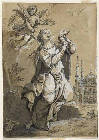 Sainte Sophie tenant un coeur ardent, couronnée par un angelot qui lui apporte la palme du martyre, avec la mosquée Süleymaniye à l'arrière-plan
