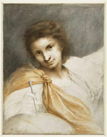 Jeune femme drapée, vue en buste, posant de la main droite un compas sur une sphère
