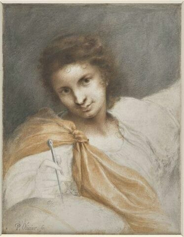 Jeune femme drapée, vue en buste, posant de la main droite un compas sur une sphère, image 2/2