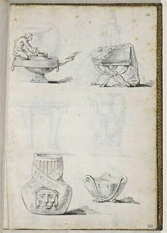 Quatre dessins : lampe à huile antique avec un homme versant de l'huile, siège à têtes de béliers, vase à mascaron de lion, vasque à anses