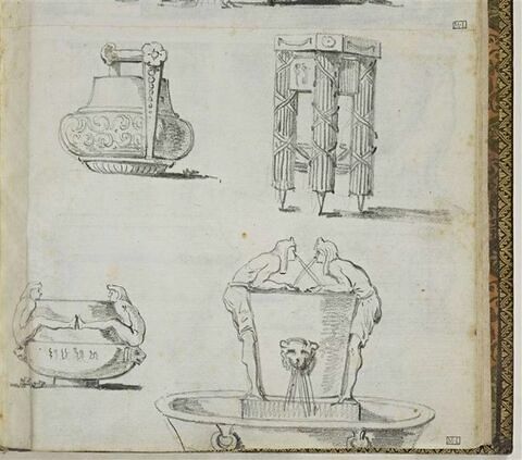 Quatre dessins: vase à anse, trépied, vase avec deux égyptiens, fontaine avec deux égyptiens, image 1/1
