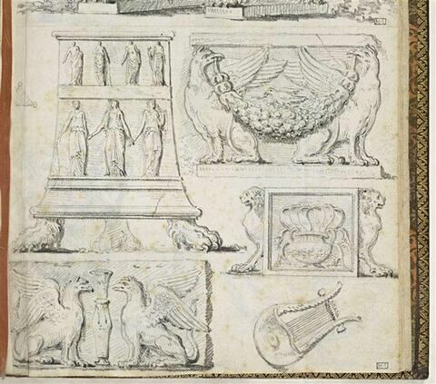 Cinq dessins : base de trépied dite des douze dieux, bas relief avec deux griffons tenant un rinceau dans leur bec, bas relief avec des armes, bas relief avec deux griffons opposés, lyre