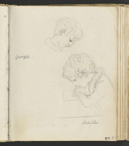 Portraits de Georges et Achille Meuricoffre, le premier la tête penchée en avant, de profil vers la droite, le second assis à une table, écrivant ou dessinant