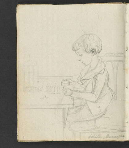 Portrait d'Achille Meuricoffre, vu de profil, assis à une table, jouant aux petits soldats de plomb