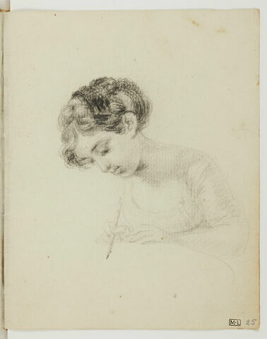 Jeune femme, vue en buste, assise à une table, en train d'écrire ou de dessiner à la plume : Celeste Coltellini Meuricoffre ?, image 3/3