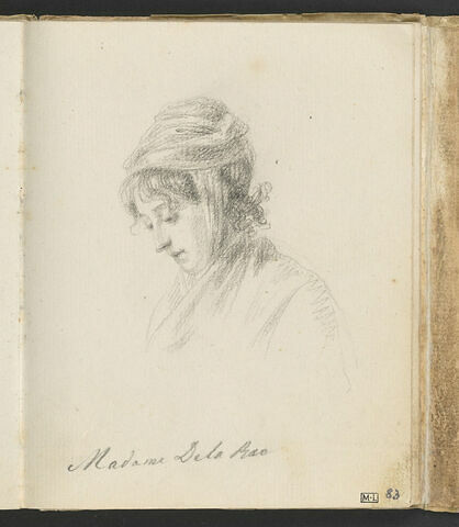 Portrait en buste de Mme Delarue, de trois quarts vers la gauche, coiffée d'un chapeau, image 1/2