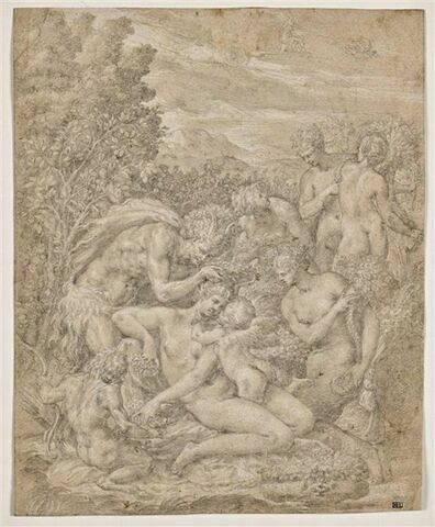 Vénus, avec l'Amour, couronnée par un satyre, en présence des trois Grâces et de l'Abondance, image 1/2