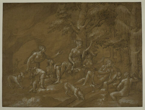 Diane et de ses nymphes au repos auprès de la source Gargaphié, observées par un satyre