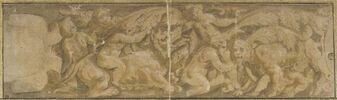 Frise : enfants jouant avec une louve et une lionne qui allaite l'un deux, image 1/4