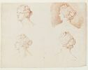 Quatre études de la tête de la Vénus Médicis, de profil à gauche, de trois quarts face et de trois quarts dos, image 1/2