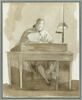 Homme assis à une table, travaillant à la lueur d'une lampe, image 1/2