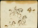 Feuille d'études avec des esquisses de chevaux, deux cavaliers et un cheval avec palefrenier, image 1/2