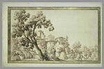 Paysage avec un arbre au premier plan, des maisons sur des escarpements rocheux, un pont suspendu et des figures, image 2/2