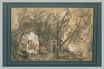 Cabane devant un arc rocheux, en bordure d'un torrent, image 2/2