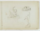 Trois projets de groupes sculptés : femme éplorée près d'un gisant (ou sur le point de tuer une figure étendue à terre) ; figure sortant d'un tombeau ; figure dansant avec une autre figure à ses pieds, image 1/2