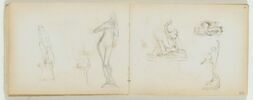 Trois projets de groupes sculptés : femme éplorée près d'un gisant (ou sur le point de tuer une figure étendue à terre) ; figure sortant d'un tombeau ; figure dansant avec une autre figure à ses pieds, image 2/2