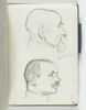 En haut, tête d'homme chauve, moustache pendante, de profil à droite. En bas, tête d'homme moustachu, de trois quarts à droite, image 1/2