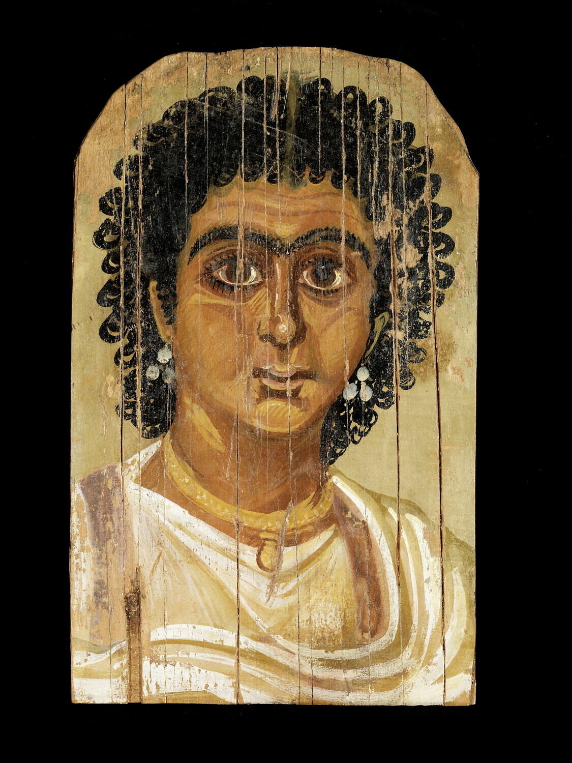 portrait de momie, époque romaine ; Sévères (voir catalogue Louvre Portraits funéraires de l'Egypte romaine) (attribution d'après style) (200 - 250)