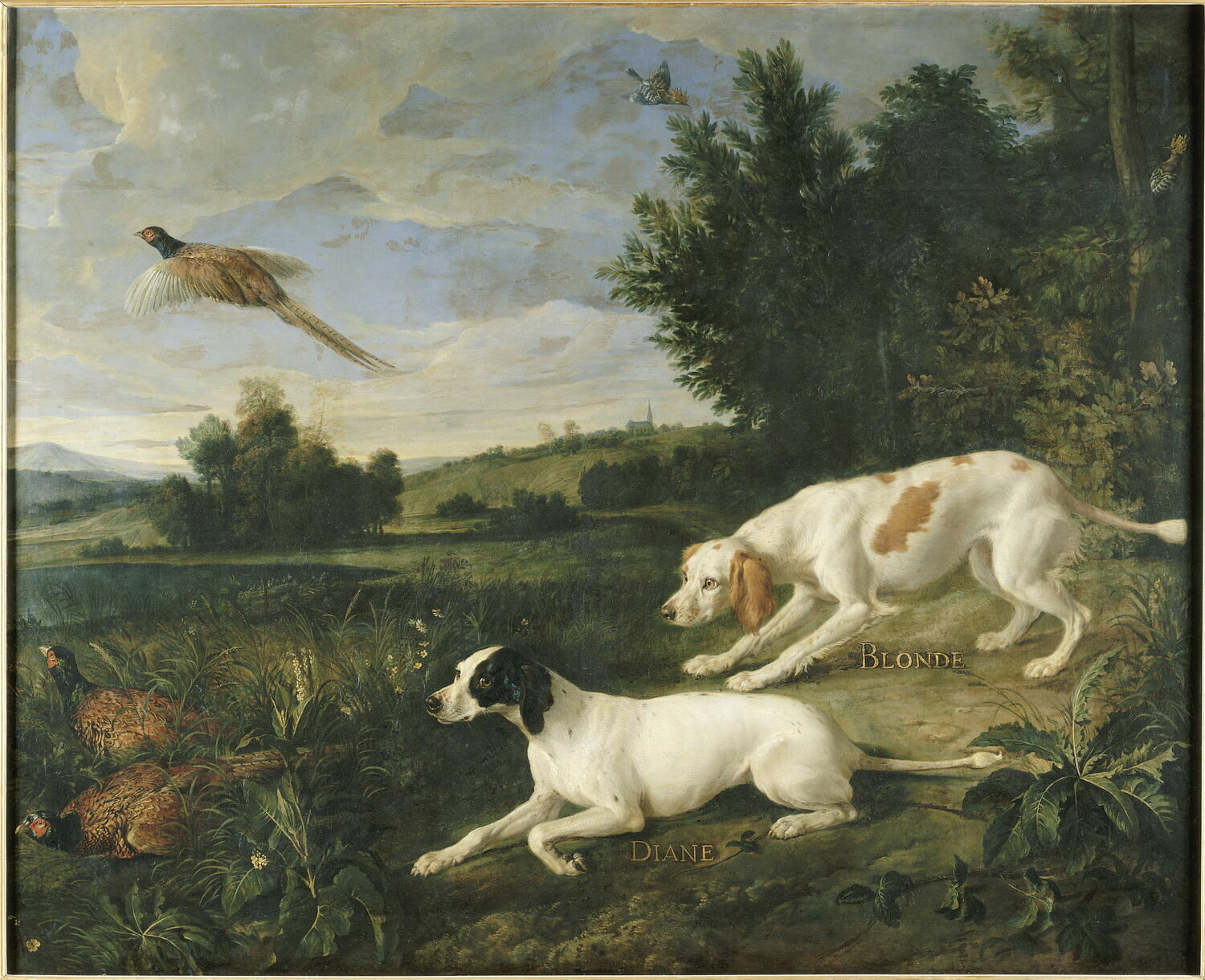 Diane et Blonde, chiennes de la meute de Louis XIV, chassant, Desportes, Alexandre-François, XVIIIe siècle (1702)