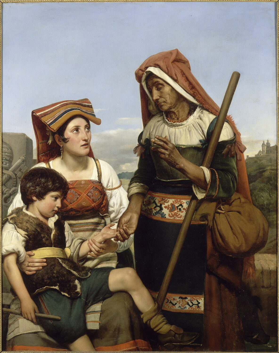 Diseuse de bonne aventure ; elle prédit l'avenir au jeune berger Montalte, qui fut depuis Sixte-Quint, dit aussi l'Enfance de Sixte-Quint, Schnetz, Jean Victor, 1e quart du XIXe siècle (1824)