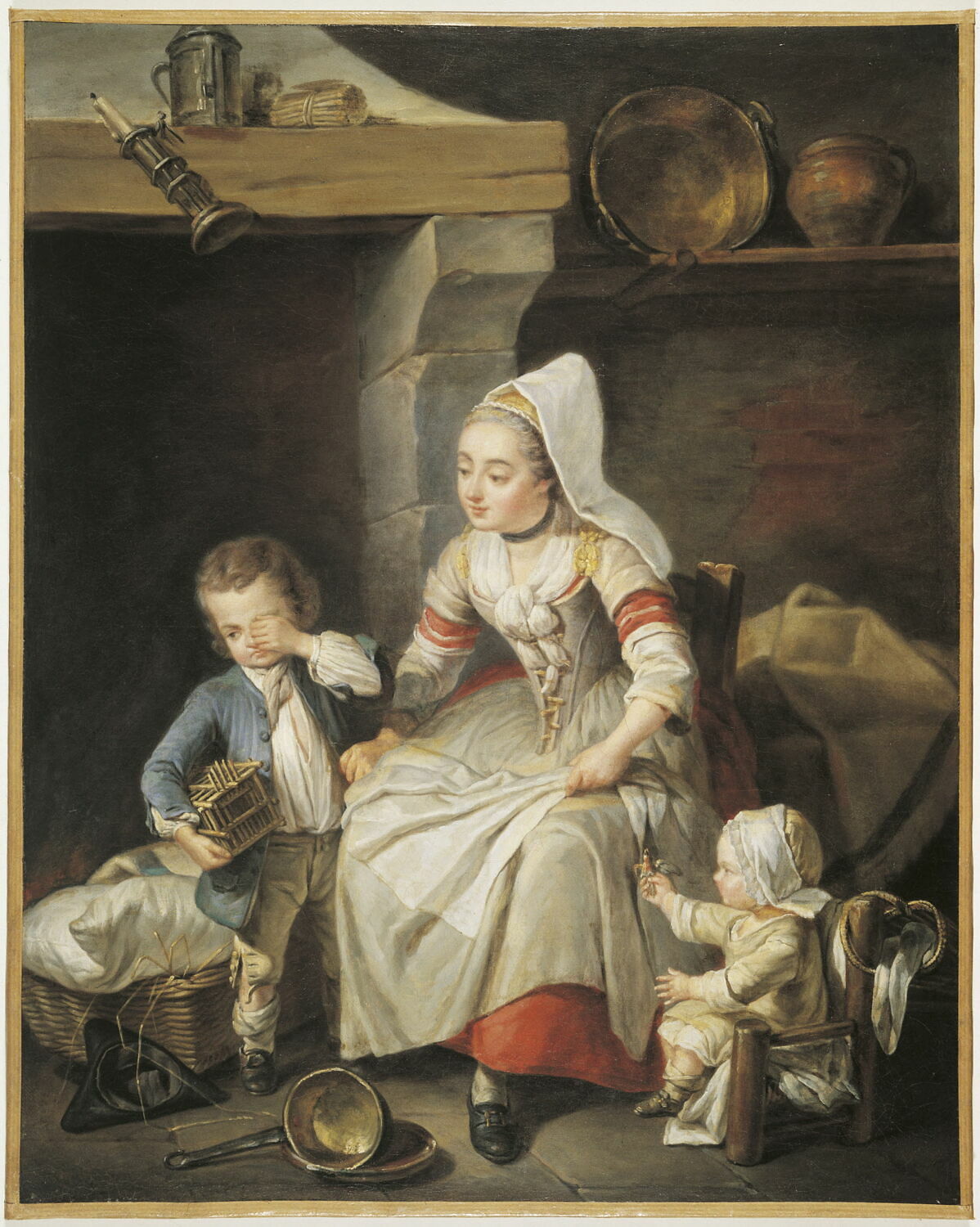 Une Mère (en costume de Cauchoise) dans sa cuisine avec deux de ses enfants, Descamps, Jean Baptiste, 3e quart du XVIIIe siècle (1764)