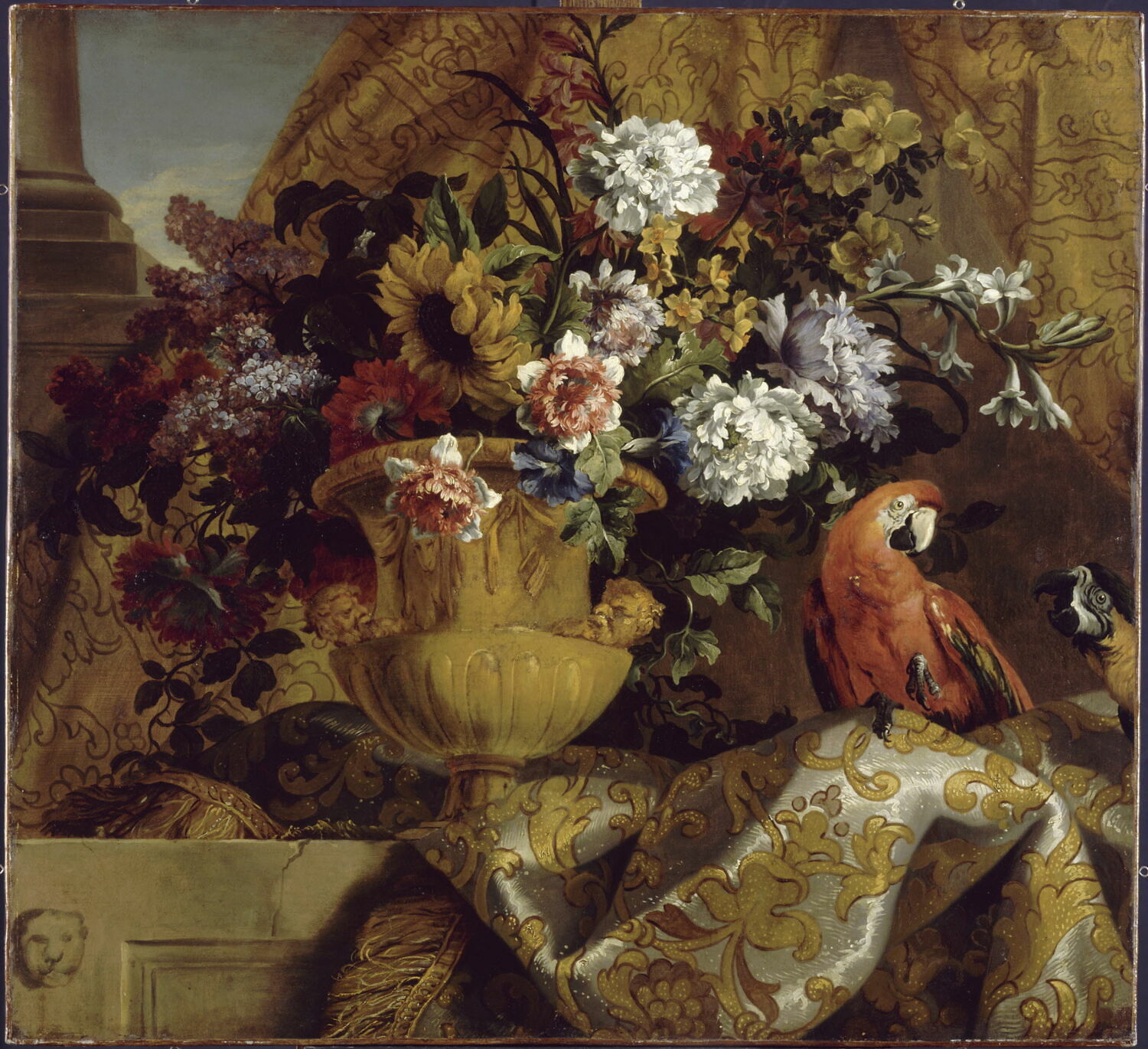 Vase d'or avec des fleurs et des perroquets, Monnoyer, Jean Baptiste, XVIIe siècle (1600 - 1700)