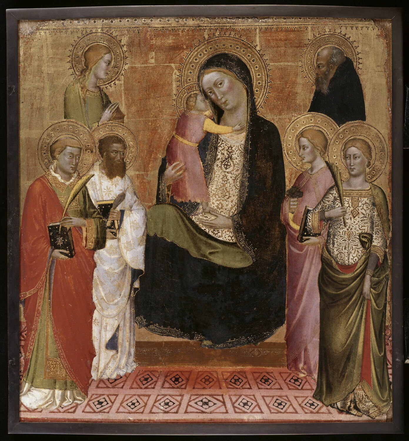 La Vierge et l'Enfant avec six saints : Laurent, Barthélemy, Madeleine, Catherine (?), Lucie (?), Antoine abbé., Italie, XVe siècle (1400 - 1500)
